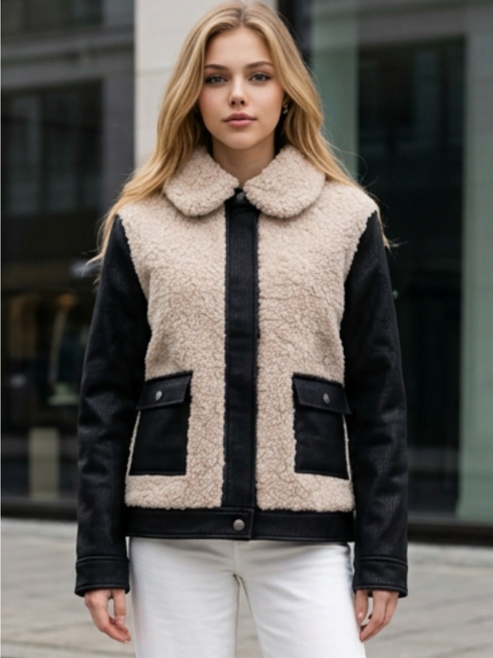 Peter Som Beige and Black Teddy Sherpa Jacket